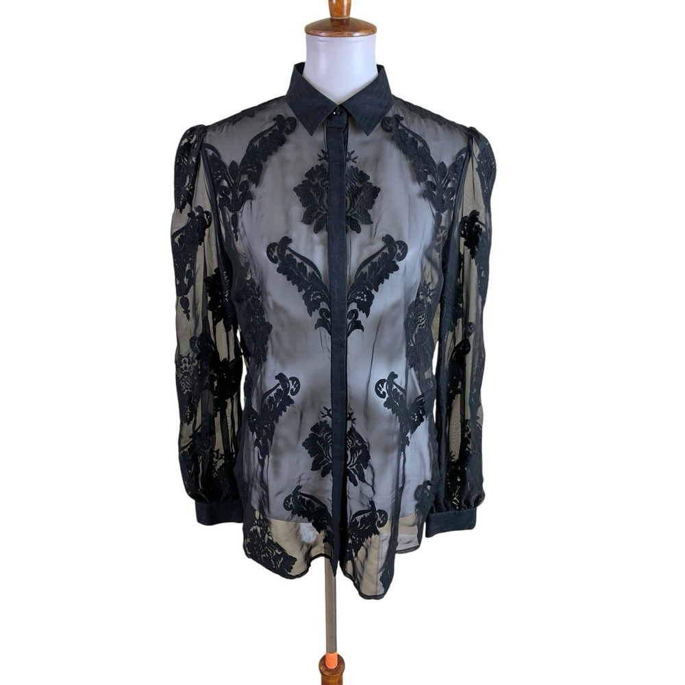 Marchesa Voyage Black‎ Sheer Floral Embroidered Button Front Blouse Size 6